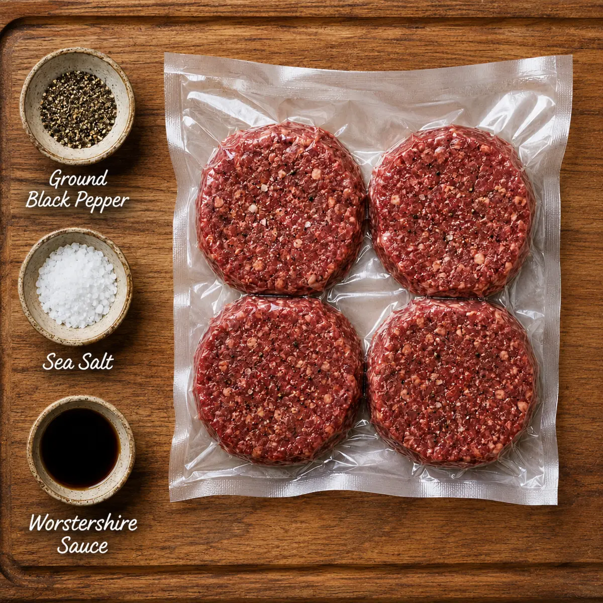 Four Chef Anthony beef burgers vacuum packed with black pepper, sea salt and Worcestershire sauce