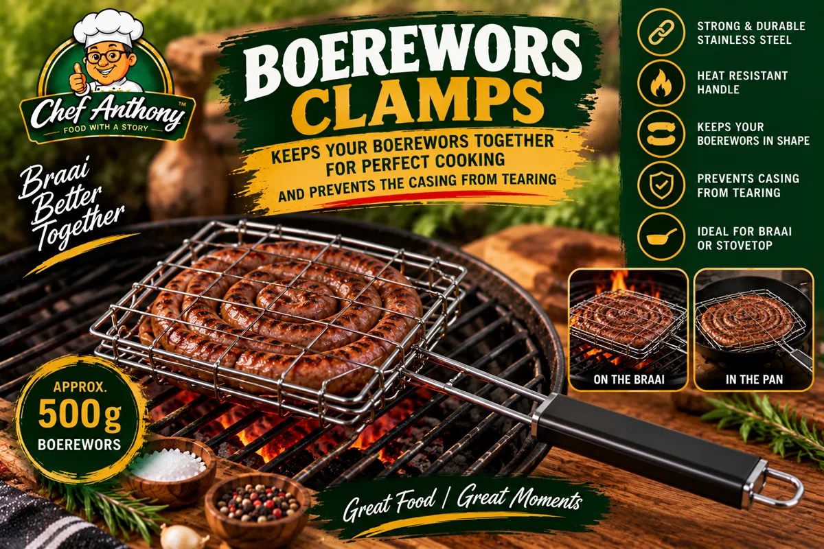 Chef Anthony stainless steel boerewors clamps holding a ring of boerewors on a braai