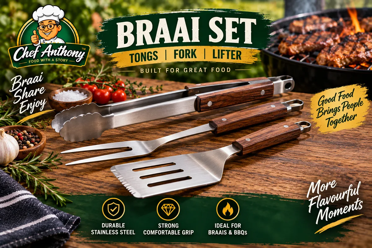 Chef Anthony three-piece stainless steel braai set with wooden handles