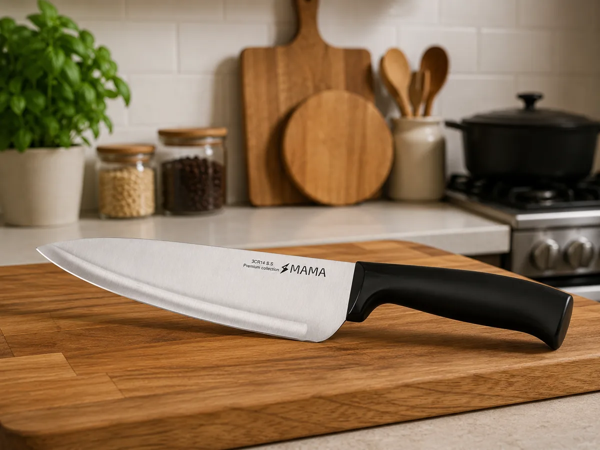 Quality stainless steel kitchen utility knife with black handle on a wooden cutting board
