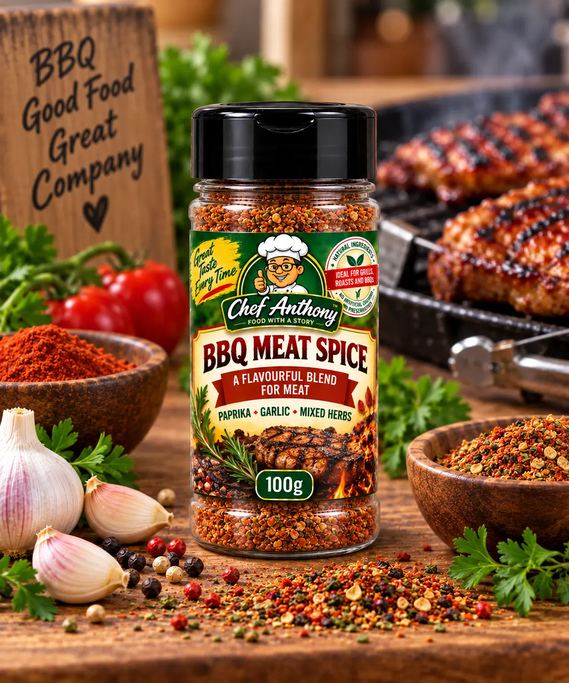 Chef Anthony BBQ Meat Spice in a 100g bottle