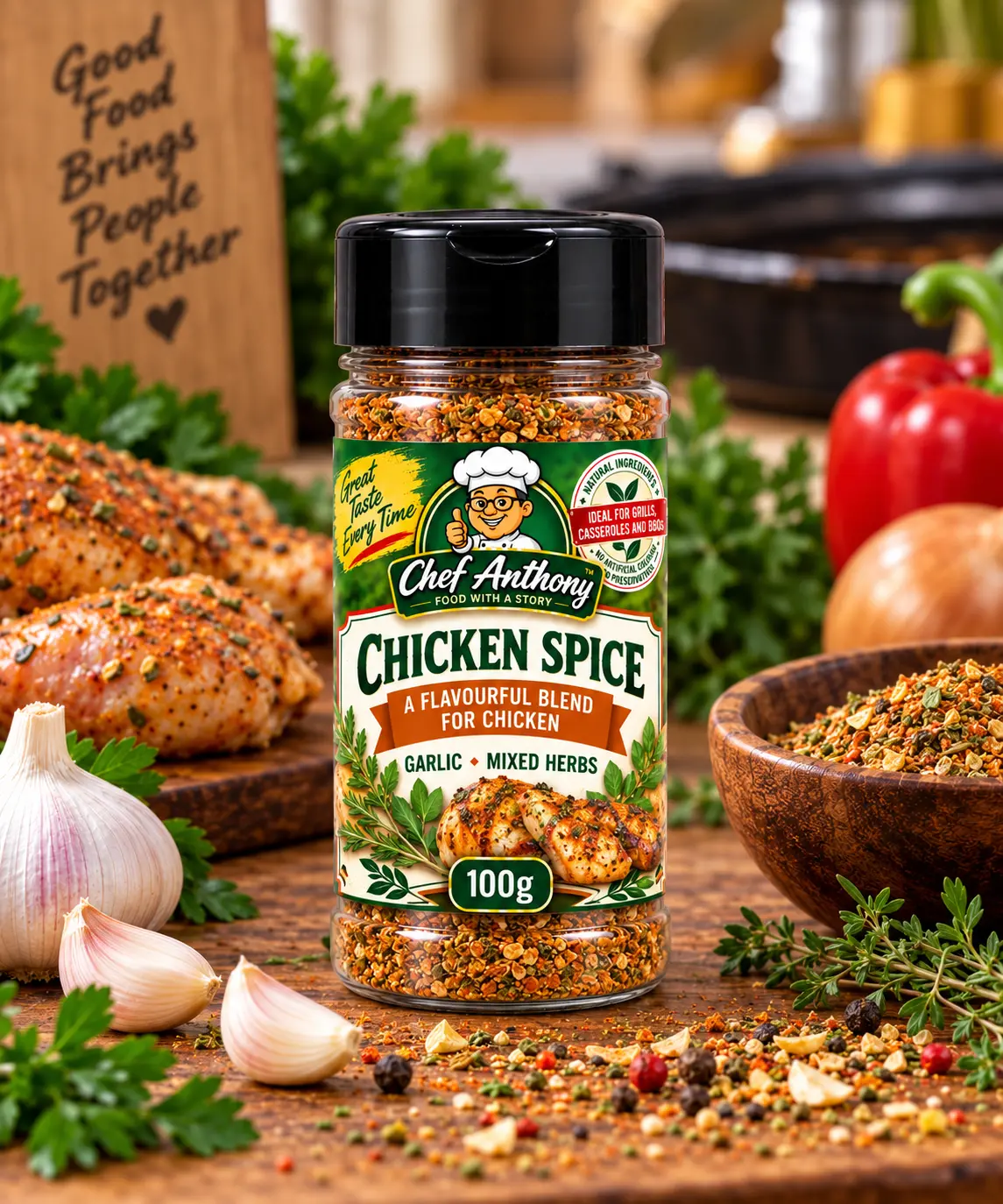 Chef Anthony Chicken Spice in a 100g bottle