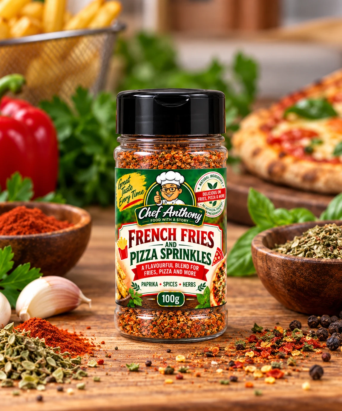 Chef Anthony French Fries and Pizza Sprinkles in a 100g bottle