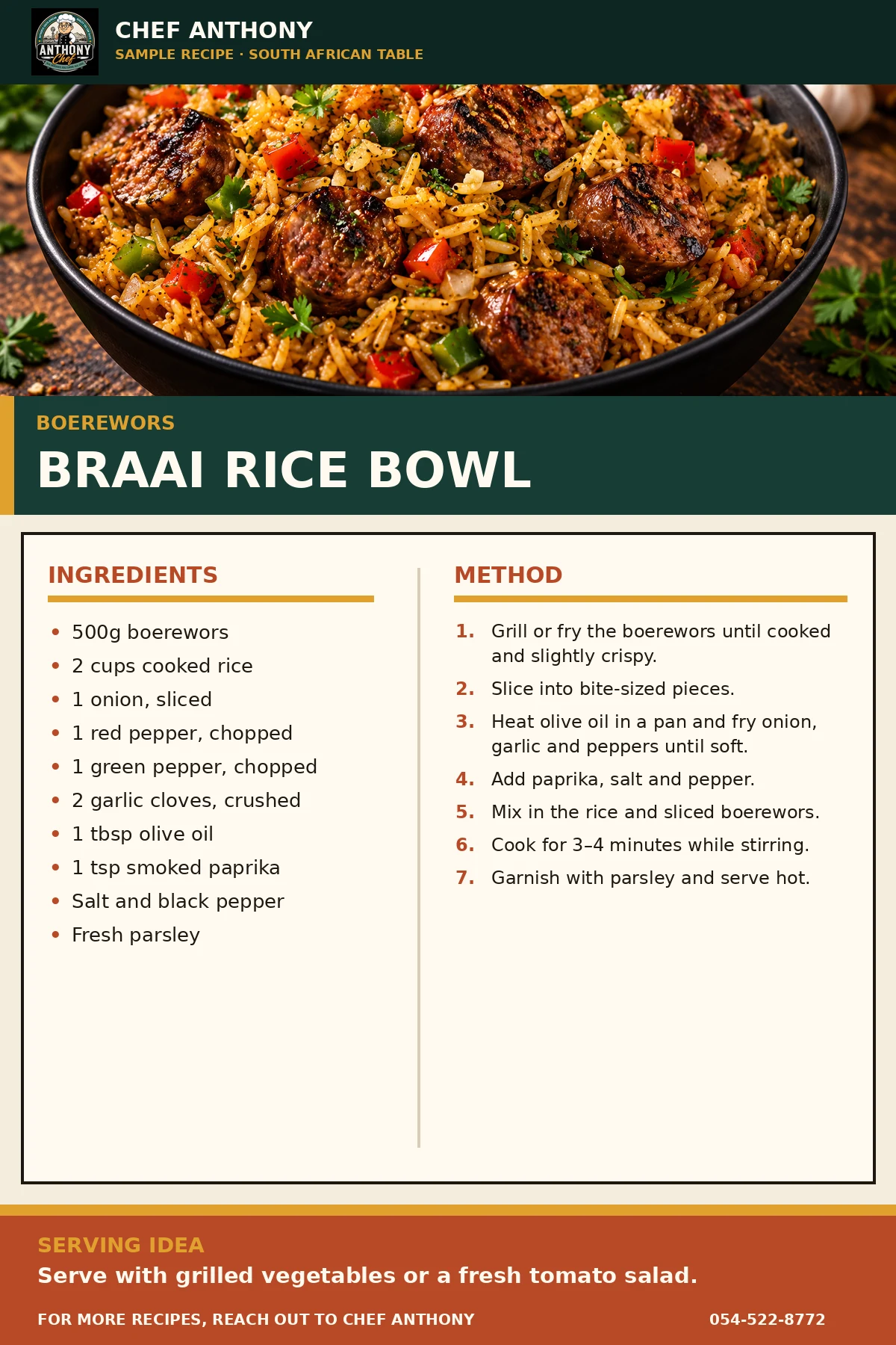 Chef Anthony recipe card: Braai Rice Bowl made with boerewors