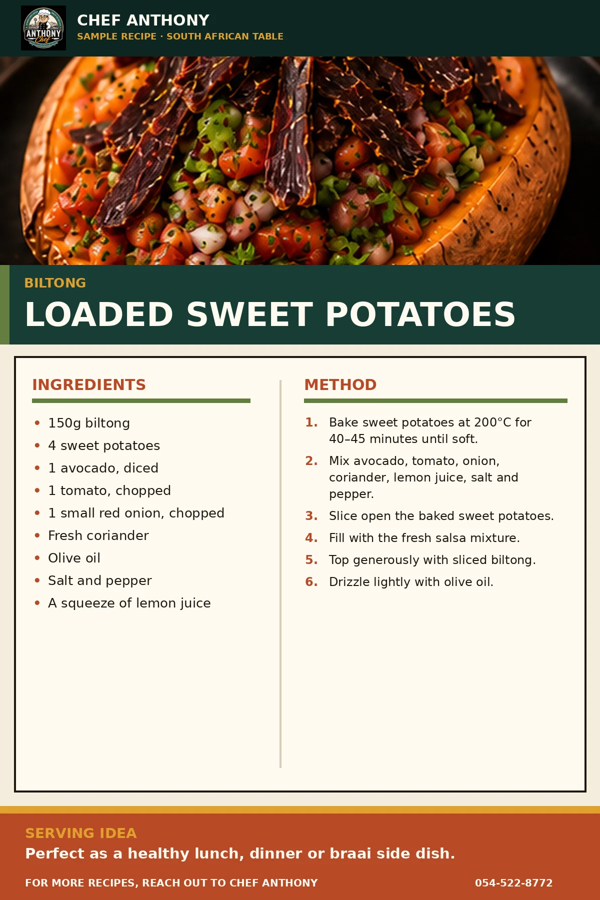 Chef Anthony recipe card: Loaded Sweet Potatoes made with biltong