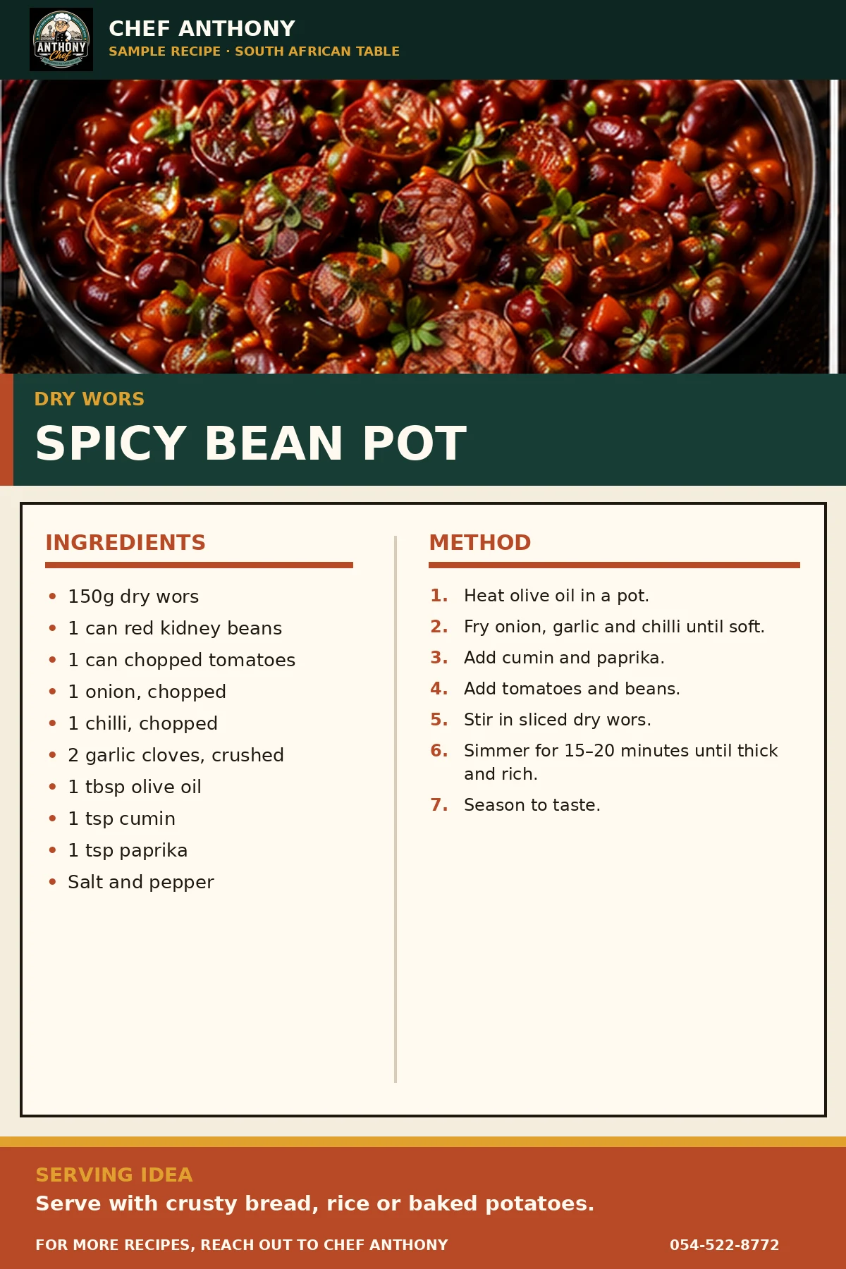 Chef Anthony recipe card: Spicy Bean Pot made with dry wors