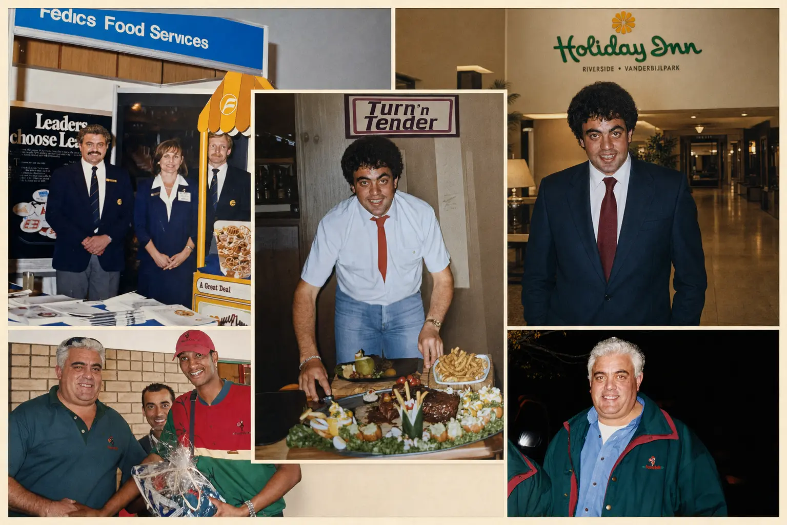 A chronological collage of Chef Anthony's career with Fedics Food Services, Holiday Inn Riverside, Turn 'n Tender and Nando's